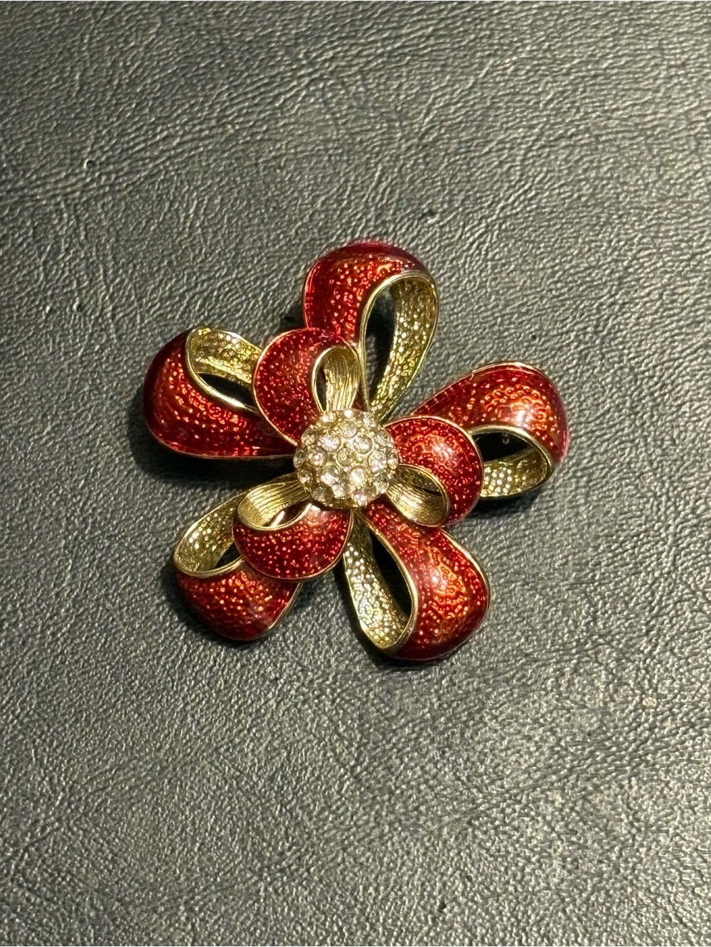 Kenneth Cole Red Enamel Flower Brooch with Gold Accents